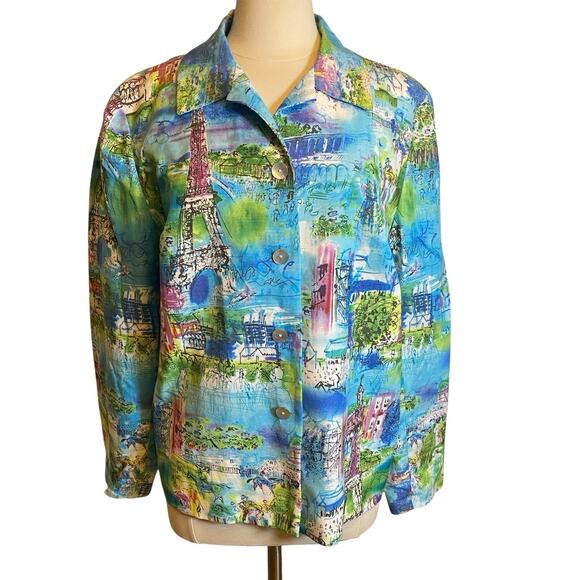 Coldwater Creek, Size Large, Colorful Paris Print Blazer, Linen Blend, Artsy - Picture 2 of 16